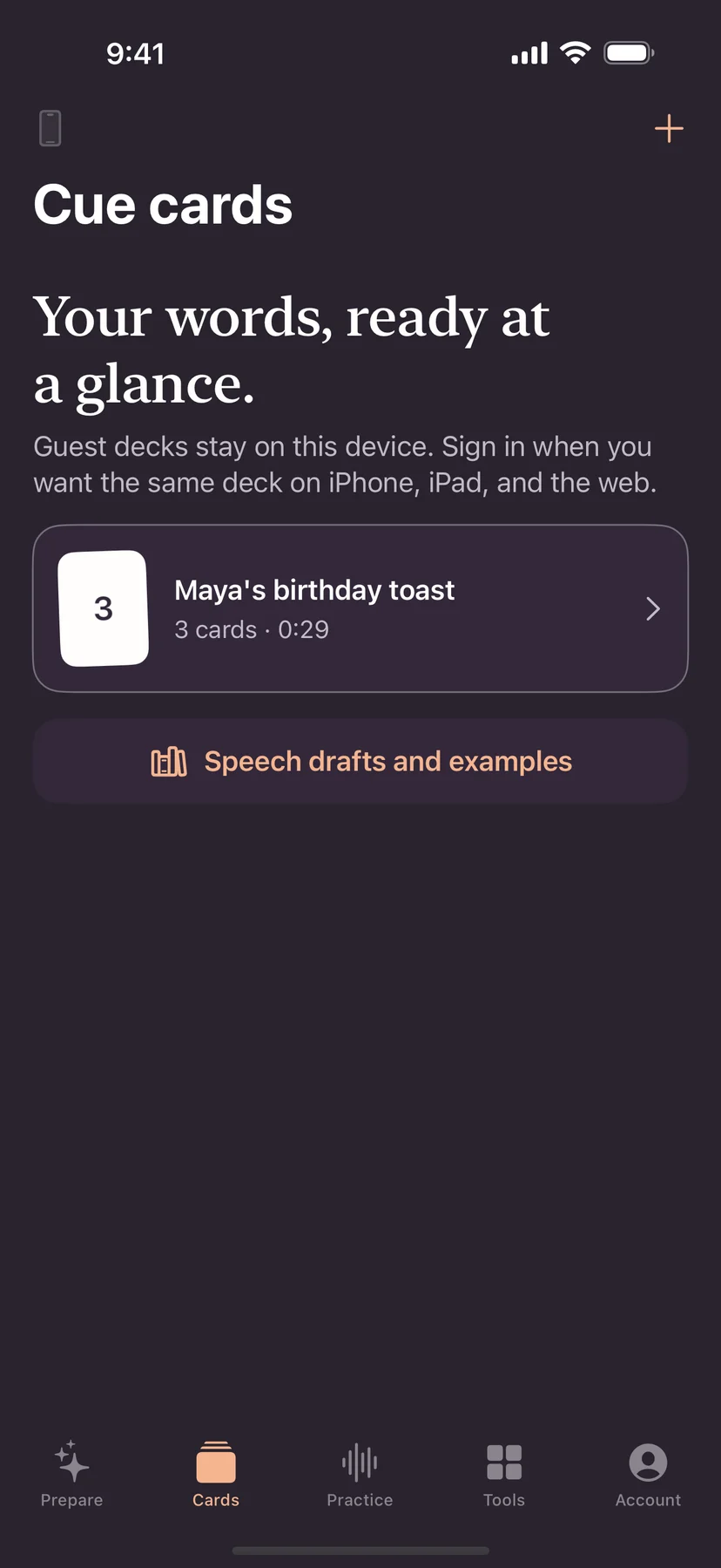 ToastBuddy version 1.3 cue-card library showing a three-card birthday toast deck