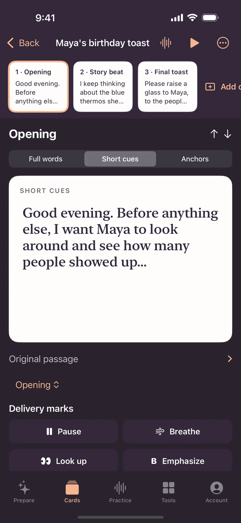 ToastBuddy version 1.3 cue-card editor showing full words, short cues, anchors, card order, and delivery marks