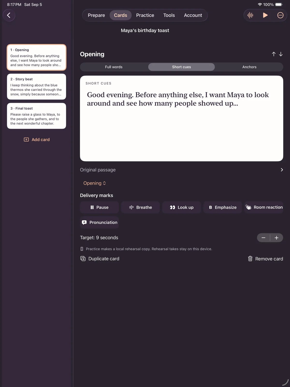 ToastBuddy version 1.3 iPad cue-card editor with a card rail, prompt views, timing, and delivery marks